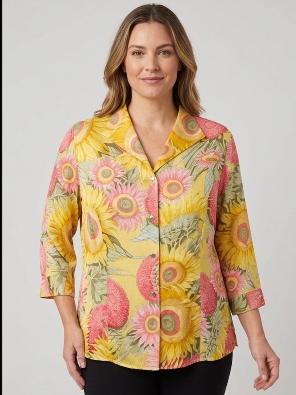 Doncaster 100% Silk Sunflower Floral Blouse Yellow Pink Button Front Sz 14